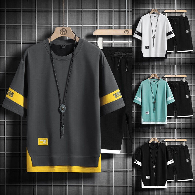 Mens Hip Hop Tracksuit T-shirt and Shorts Two Piece Set Patchwork Outfit Set