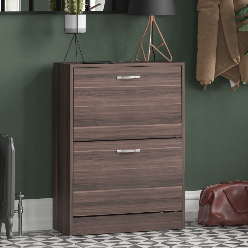 2 Drawer Shoe Cabinet Storage Cupboard Footwear Stand Rack Wooden Unit Walnut